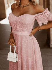 Inrosy mi-longue robe bouffante tutu trapèze à pois dentelle bustier dos nu manches courtes femme élégant fete cocktail