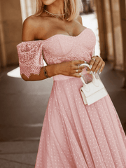 Inrosy mi-longue robe bouffante tutu trapèze à pois dentelle bustier dos nu manches courtes femme élégant fete cocktail
