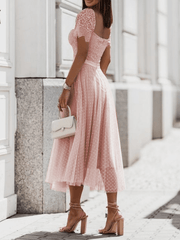 Inrosy mi-longue robe bouffante tutu trapèze à pois dentelle bustier dos nu manches courtes femme élégant fete cocktail