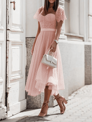 Inrosy mi-longue robe bouffante tutu trapèze à pois dentelle bustier dos nu manches courtes femme élégant fete cocktail
