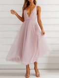 Inrosy mi-longue robe bouffante trapèze tulle fluide dos nu à fines brides v-cou sans manches femme fete de cocktail