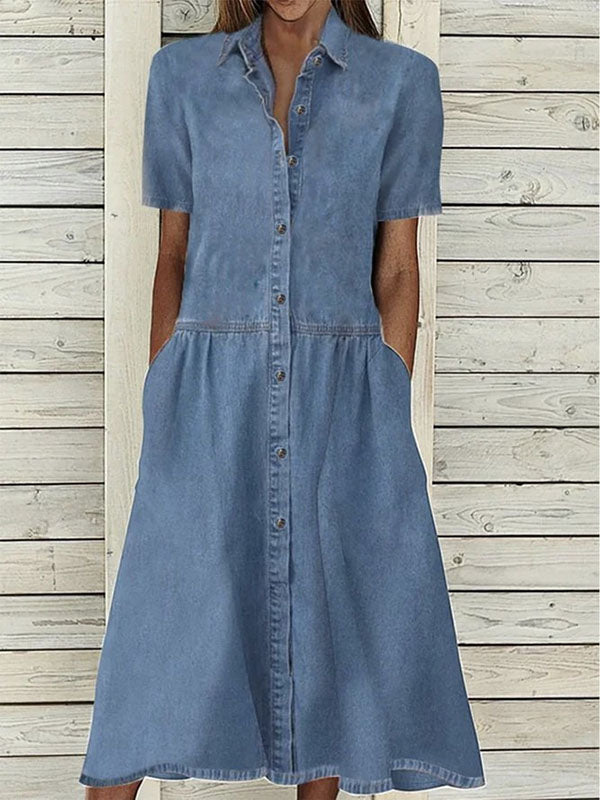 Inrosy mi-longue robe en jean trapèze boutonnage col chemise manches courtes femme casual décontracté bleu