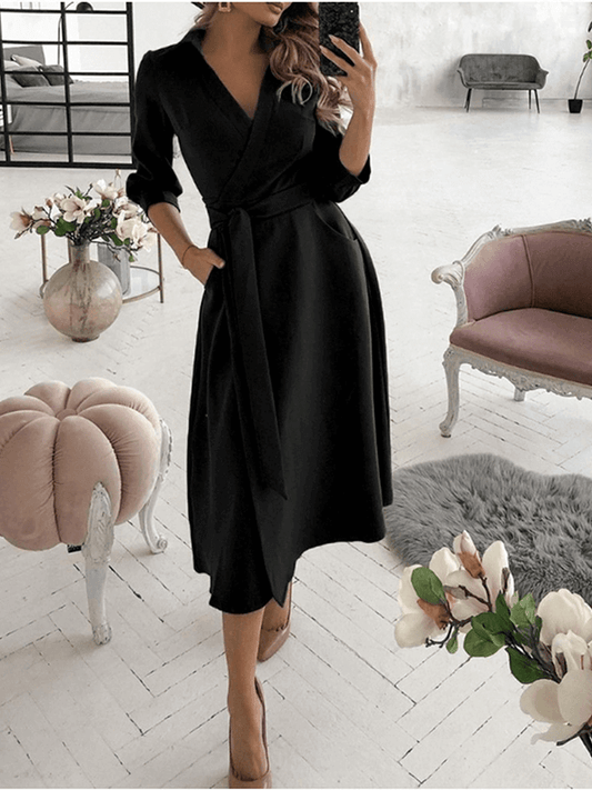 Inrosy mi-longue blouse robe trapèze fendu fluide nœud poches v-cou col revers manches longues élégant mode fete