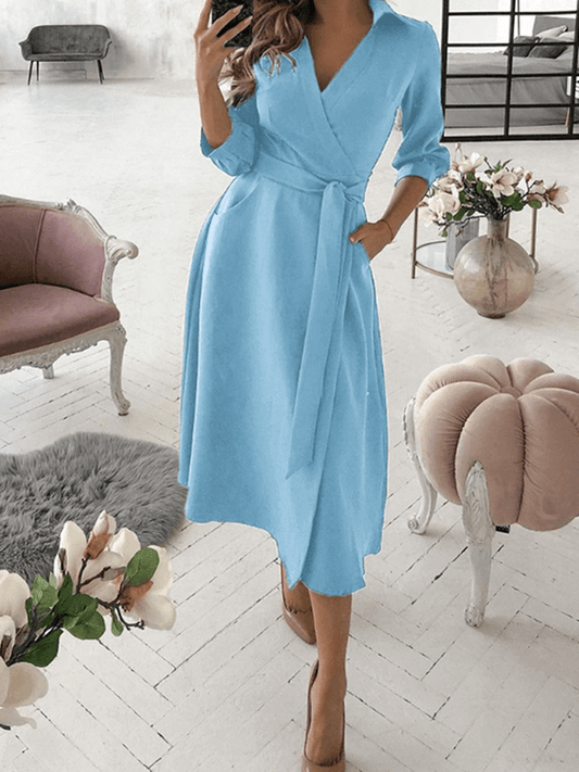 Inrosy mi-longue blouse robe trapèze fendu fluide nœud poches v-cou col revers manches longues élégant mode fete