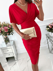 Inrosy mi-longue robe moulante dos nu v-cou manches courtes femme élégant cocktail
