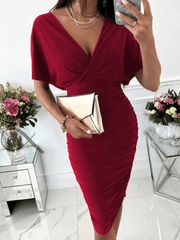Inrosy mi-longue robe moulante dos nu v-cou manches courtes femme élégant cocktail