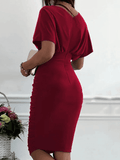 Inrosy mi-longue robe moulante dos nu v-cou manches courtes femme élégant cocktail