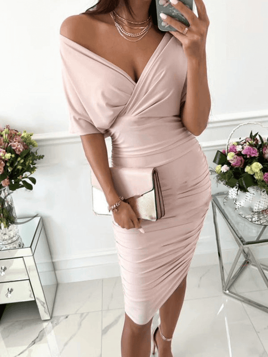 Inrosy mi-longue robe moulante dos nu v-cou manches courtes femme élégant cocktail