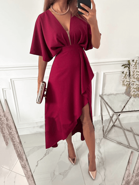 Inrosy mi-longue robe unicolore fendu v-cou manches courtes femme élégant mode de fete cocktail