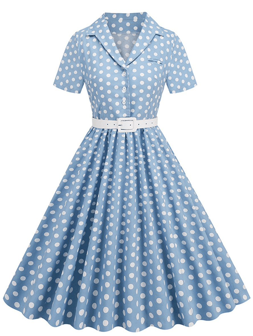 Inrosy robe patineuse trapèze à pois fluide boutons poches ceinture manches courtes élégant audrey hepburn vintage année 1950