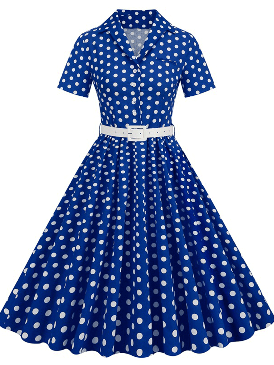 Inrosy robe patineuse trapèze à pois fluide boutons poches ceinture manches courtes élégant audrey hepburn vintage année 1950