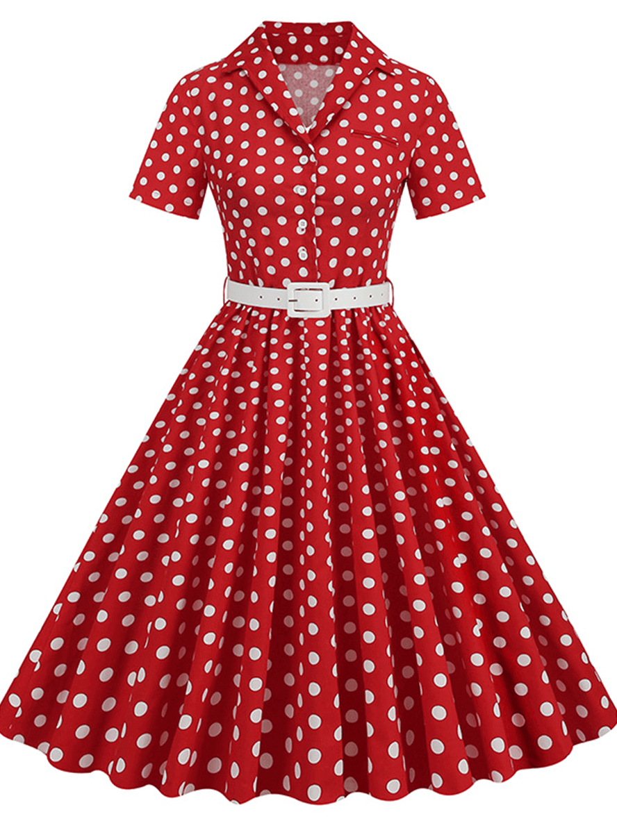 Inrosy robe patineuse trapèze à pois fluide boutons poches ceinture manches courtes élégant audrey hepburn vintage année 1950