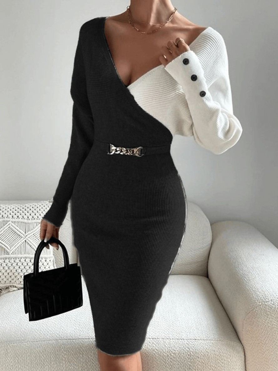 Inrosy mi-longue robe moulante cloutée v-cou manches longues élégant mode pull