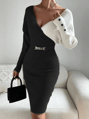 Inrosy mi-longue robe moulante cloutée v-cou manches longues élégant mode pull