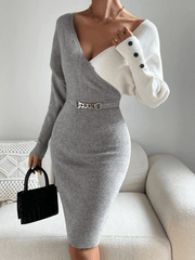 Inrosy mi-longue robe moulante cloutée v-cou manches longues élégant mode pull
