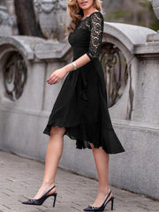 Inrosy mi-longue robe dentelle mousseline à volantée swallowtail col bateau manches longues femme mode de soirée cocktail