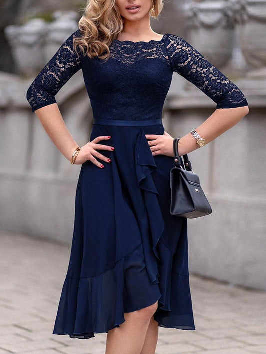 Inrosy mi-longue robe dentelle mousseline à volantée swallowtail col bateau manches longues femme mode de soirée cocktail