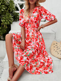 Inrosy mi-longue robe imprimé à fleurie mousseline v-cou manches courtes femme casual élégant décontracté de plage