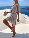 Inrosy robe courte satin à volantée fluide v-cou manches courtes femme mode décontracté de plage