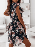 Inrosy robe courte trapèze imprimé à fleurie mousseline à volantée col rond manches courtes femme de cocktail plage