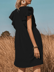 Inrosy robe courte trapèze coton fluide boutonnage v-cou volants superposés manches courtes femme casual boho