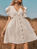 Inrosy robe courte trapèze coton fluide boutonnage v-cou volants superposés manches courtes femme casual boho