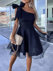 Inrosy mini robe bouffante tutu tulle trapèze noeud papillon dos nu une épaule sans manches femme doux élégant de cocktail