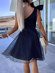Inrosy mini robe bouffante tutu tulle trapèze noeud papillon dos nu une épaule sans manches femme doux élégant de cocktail