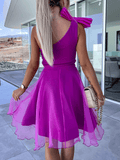 Inrosy mini robe bouffante tutu tulle trapèze noeud papillon dos nu une épaule sans manches femme doux élégant de cocktail