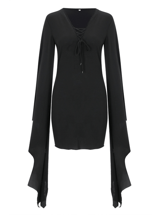 Inrosy robe moulante nœud v-cou manches trompette manches longues femme médiévale halloween robe gothique