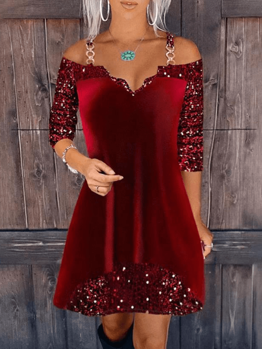 Inrosy robe courte trapèze chaine brillante paillette bretelle manches longues élégant mode fete de cocktail