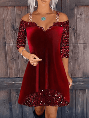 Inrosy robe courte trapèze chaine brillante paillette bretelle manches longues élégant mode fete de cocktail