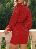 Inrosy robe courte brillante paillette v-cou ceinture manches longues élégant mode fenne de cocktail