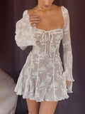 Inrosy robe courte style de ballet moulante dentelle bustier manches évasées manches longues femme élégant bal de promo de cocktail