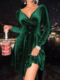 Inrosy robe courte velours v-cou manches longues femme casual élégant mode de cocktail noël