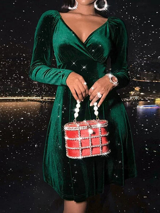 Inrosy robe courte velours v-cou manches longues femme casual élégant mode de cocktail noël