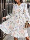 Inrosy robe courte imprimé à fleurie plissé ceinture v-cou manches longues femme casual élégant mode