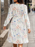 Inrosy robe courte imprimé à fleurie plissé ceinture v-cou manches longues femme casual élégant mode