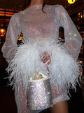 Inrosy robe courte tulle bright wire plume brillante paillette col rond manches longues femme élégant mode de cocktail