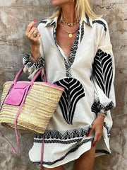 Inrosy robe courte v-cou col chemise manches longues femme casual mode lâche décontracté vintage plage blouse robe