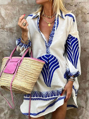 Inrosy robe courte v-cou col chemise manches longues femme casual mode lâche décontracté vintage plage blouse robe
