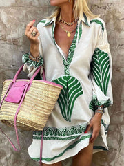 Inrosy robe courte v-cou col chemise manches longues femme casual mode lâche décontracté vintage plage blouse robe