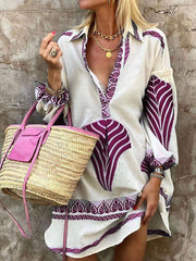 Inrosy robe courte v-cou col chemise manches longues femme casual mode lâche décontracté vintage plage blouse robe