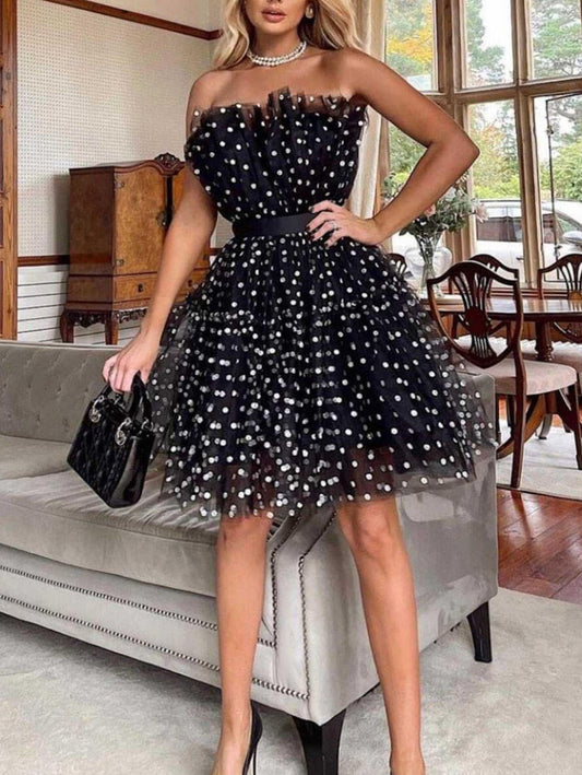 Inrosy robe patineuse bouffante tutu tulle à pois noeud papillon bustier sans manches femme doux élégant de cocktail