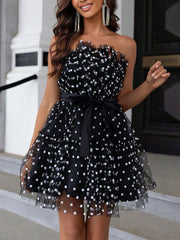 Inrosy robe patineuse bouffante tutu tulle à pois noeud papillon bustier sans manches femme doux élégant de cocktail