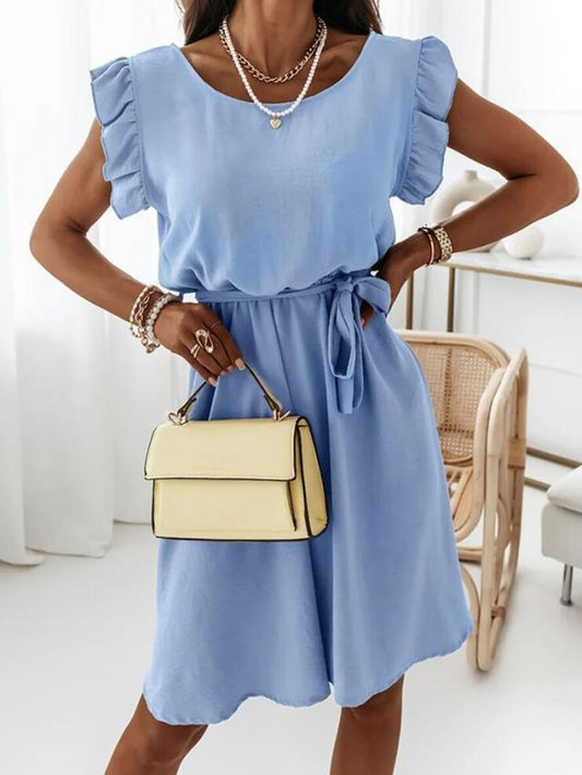 Inrosy mini robe unicolore col rond volants superposés ceinture sans manches femme simple décontracté doux casual de cocktail plage