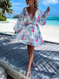 Inrosy robe courte mousseline imprimé à fleurie décolleté plongeant manches longues découpes femme élégant décontracté mode de plage