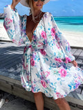 Inrosy robe courte mousseline imprimé à fleurie décolleté plongeant manches longues découpes femme élégant décontracté mode de plage