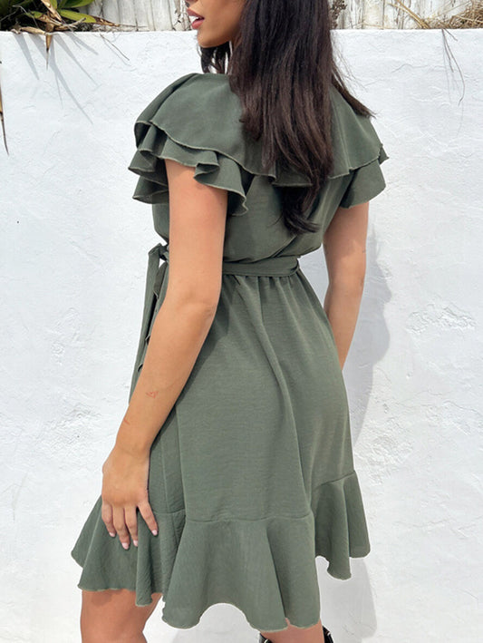 Inrosy robe courte v-couà volantée ceinture femme élégant mignon décontracté doux de plage