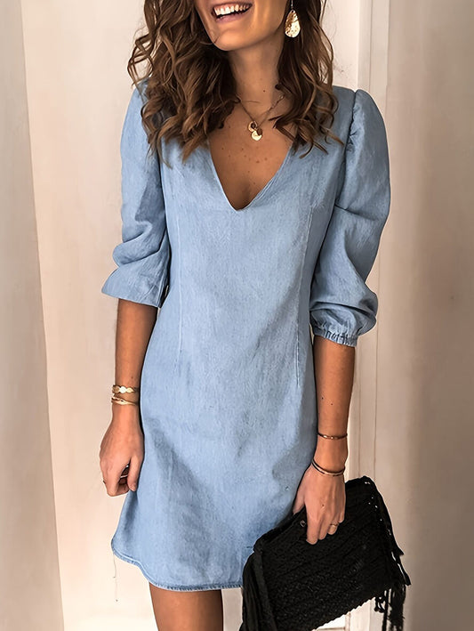 Inrosy robe courte en jean v-cou manches courtes manches au coude femme décontracté ample casual